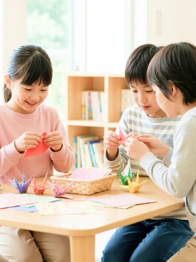 折り紙で遊ぶ子どもたち